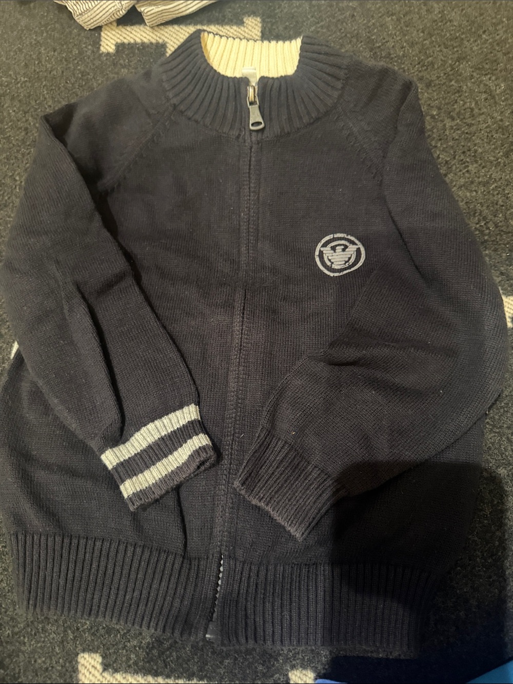 Armani Junior Navy Zip-Up Knit Jacket with Cream Trim